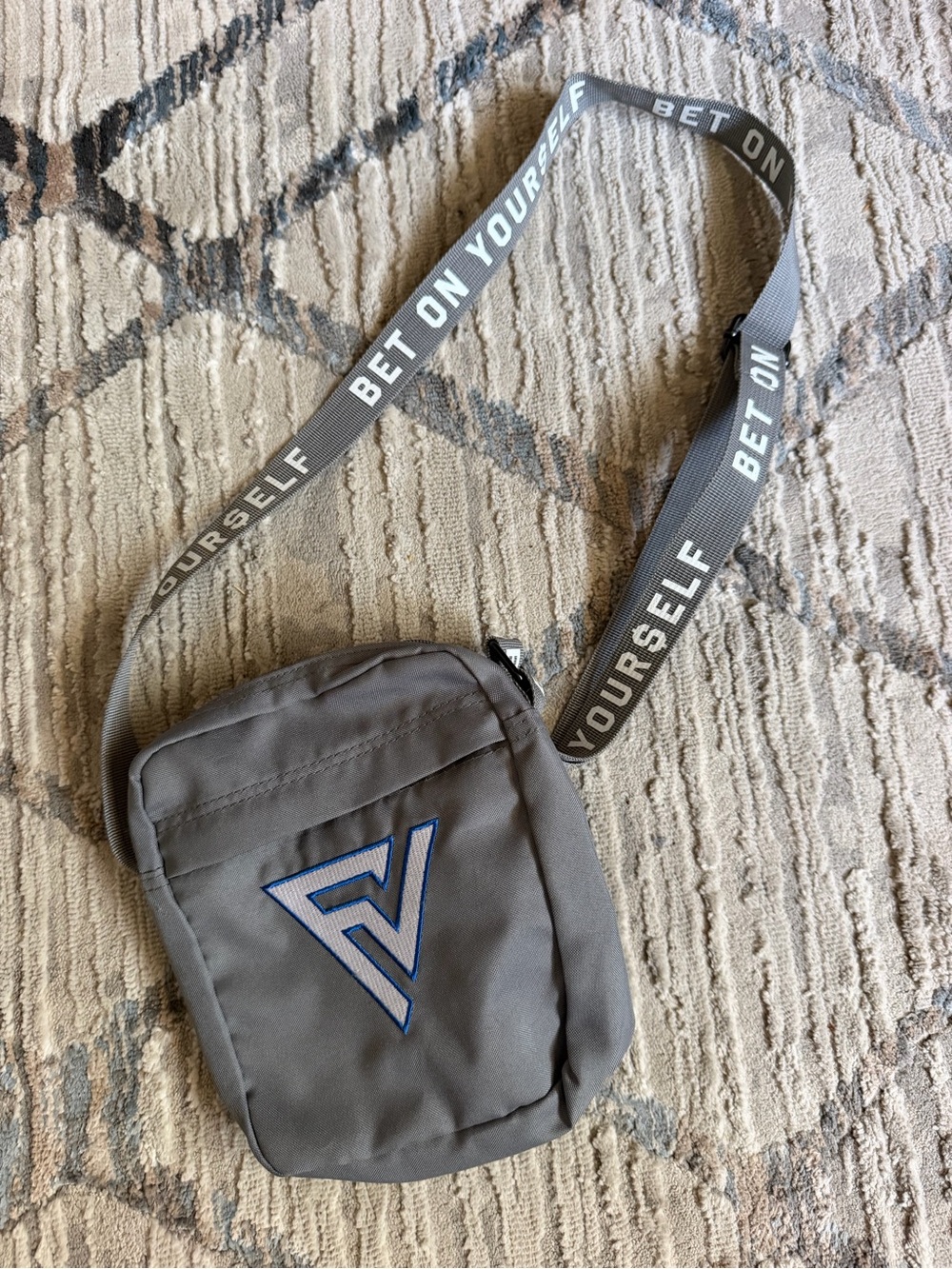 Gray Crossbody Shoulder Bag with 'Bet On Yourself' Strap